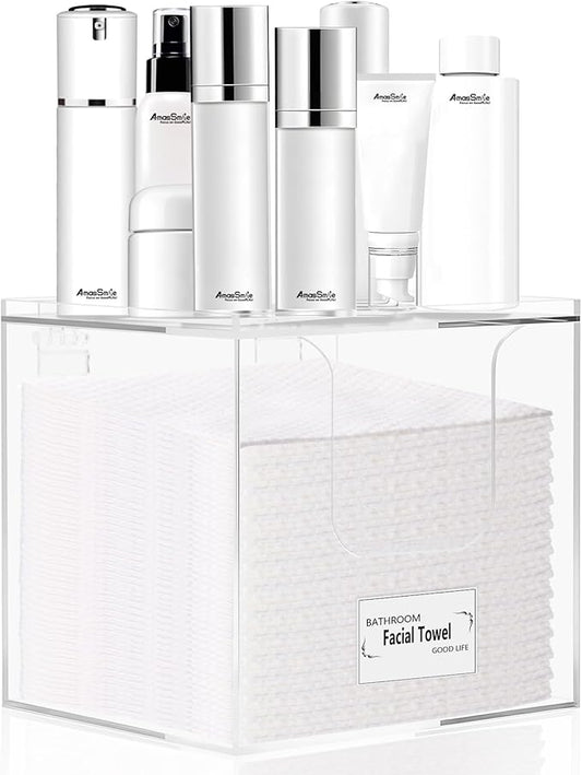 Facial Towel Holder – Disposable Face Towel Acrylic Storage Box for Bathroom, Clean Skin Club Box with Non-Slip Pads, Holds XL Clean Towels (Excluding Facial Towels) (Ready to use)