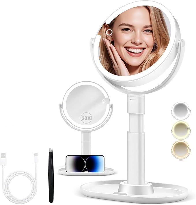 20X/1X Magnifying Makeup Mirror with Lights, Double-Sided Home Vanity Mirror with 3 Color Brightness Adjustable, 360° Rotation, Adjustable Height, Rechargeable, Phone Holder and Storage Tray