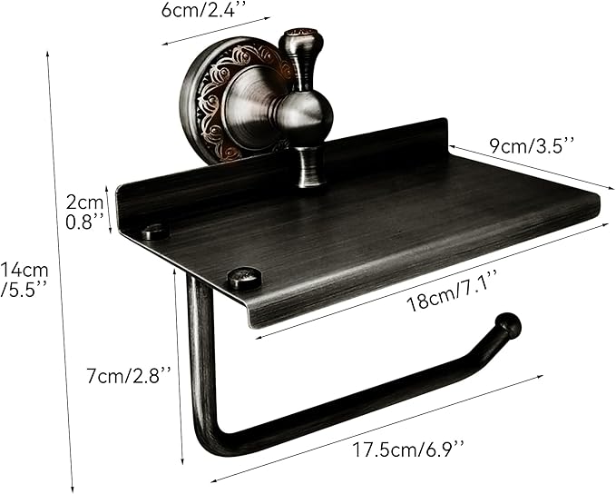 Oil Rubble Bronze Brass Bath Toilet Paper Holder with Phone Shelf, Wall Mounted Black Bathroom Hardware Accessories, Pattern Carving Design