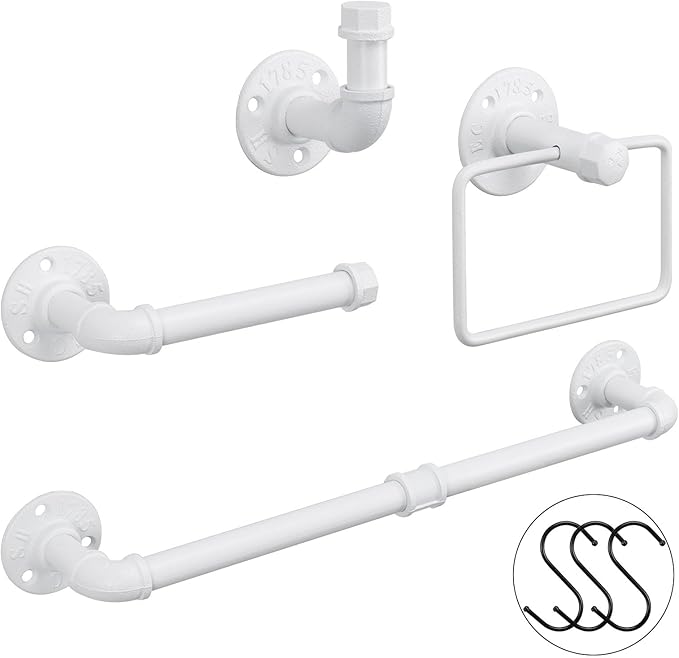 4-Pieces Industrial Pipe Bathroom Towel Ring Kit DIY Wall Mount Accessories Kit Includes Robe Hook Towel Bar and Towel Ring (White 18 inch)