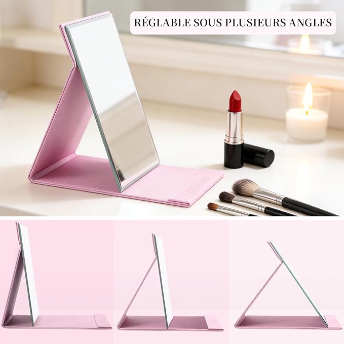 DUcare Folding Mirror Portable Travel PU Portable Adjustable Rectangular Ultrathin Vanity Mirror with Stand Pink