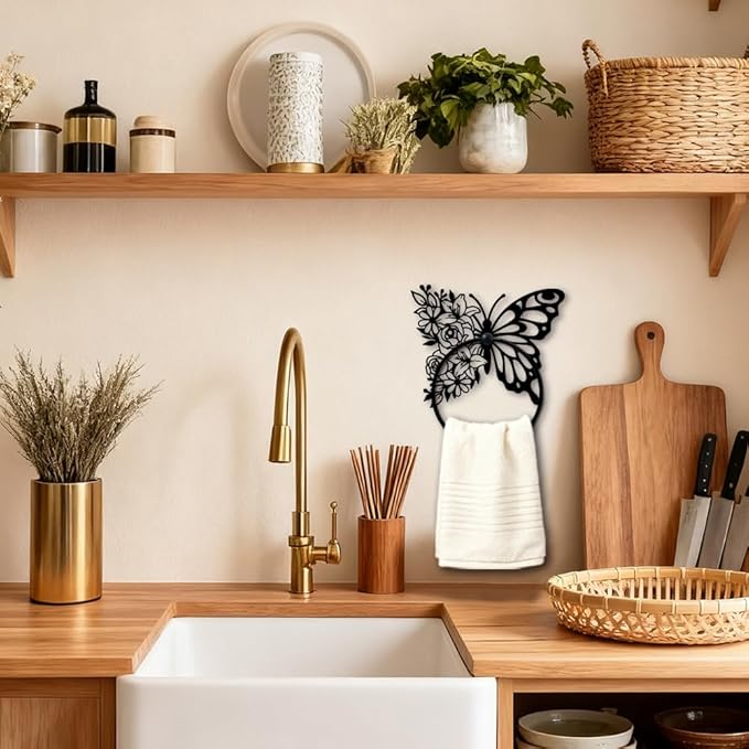 MAYJOYDIY Butterfly Metal Towel Ring Round Flower Hand Towel Holder Ring Hanger Wall Mount Black Vintage Towels Wall Organizer for Kitchen Bath Home Laundry Room Decors Gifts