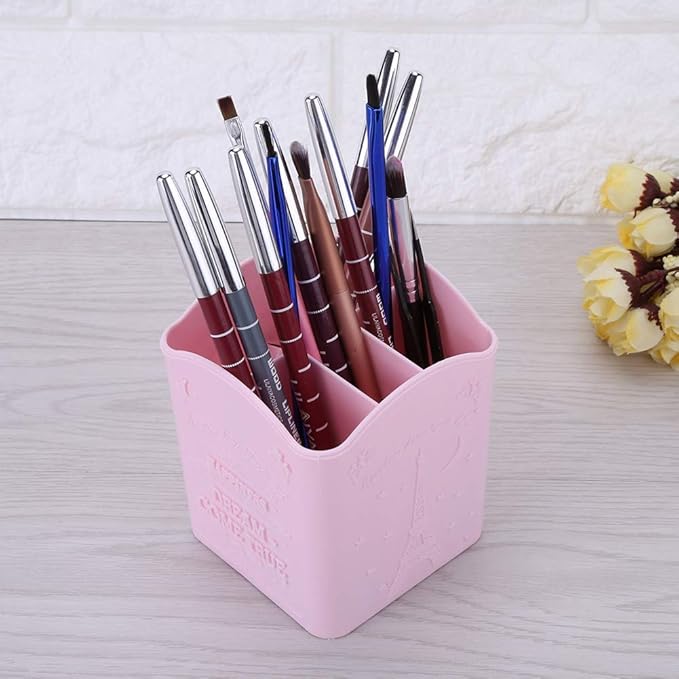 Manicure Tools Container - 3 Slot Acrylic Cosmetics Brushes Manicure Tools Container With Eiffel For Makeup Organizers Makeup-Organizers Tower Print 3 Colors(Pink)
