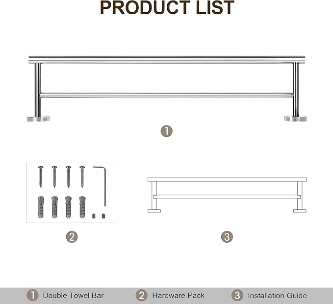 SEIDO Double Towel Bar for Bathroom Wall 18”L, 304 Stainless Steel Bathroom Towel Bar, 2-Bar Design Bathroom Towel Rack, Polished Chrome, 18 inch