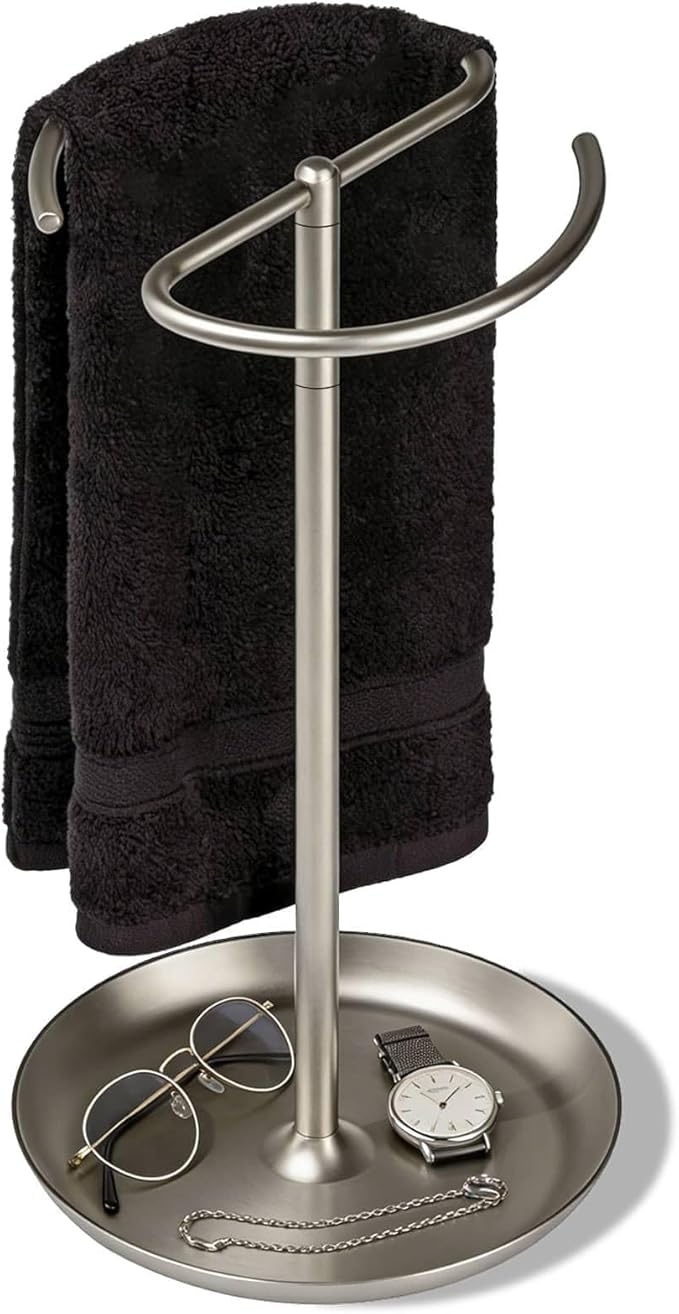 simpletome Towel Holder Stand Countertop with Storage Tray Non-Slip Weighted Base for Bathroom (Brushed Nickel)