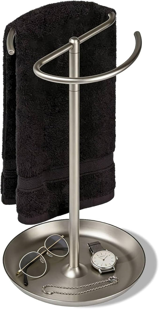 simpletome Towel Holder Stand Countertop with Storage Tray Non-Slip Weighted Base for Bathroom (Brushed Nickel)