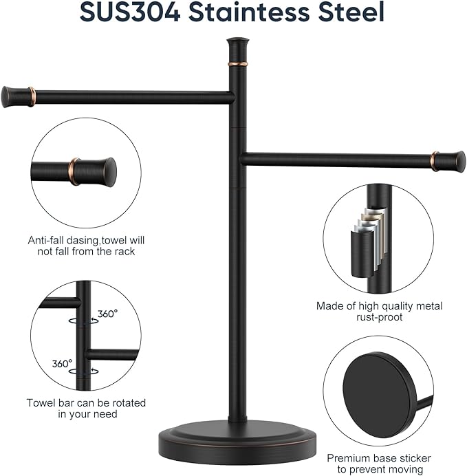 16 Inch Oil Rubbed Bronze Stand Towel Bar FreeStanding Stainless Steel Hand Towel Holder for Bath, Towel Rack Towel Ring Hardware Accessories for Bathroom Kitchen Vanity Countertop