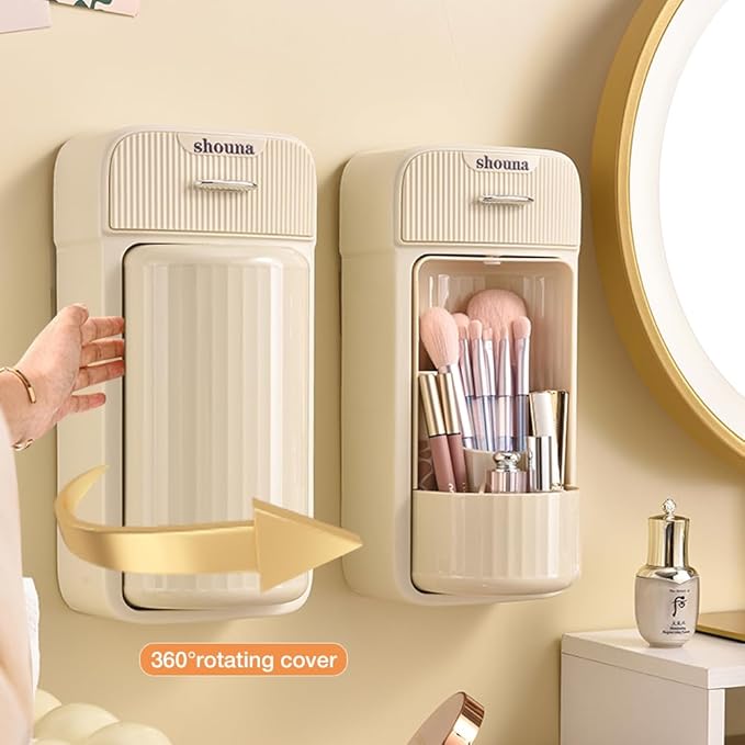 Motomatic Makeup Brush Organizer - Makeup Brush Holder Organizer with 360° Rotating Lid, Wall Mounted Brush Holder Space Saver, 4 Slot Large Storage Capacity Makeup Organizer Waterproof(Cream)