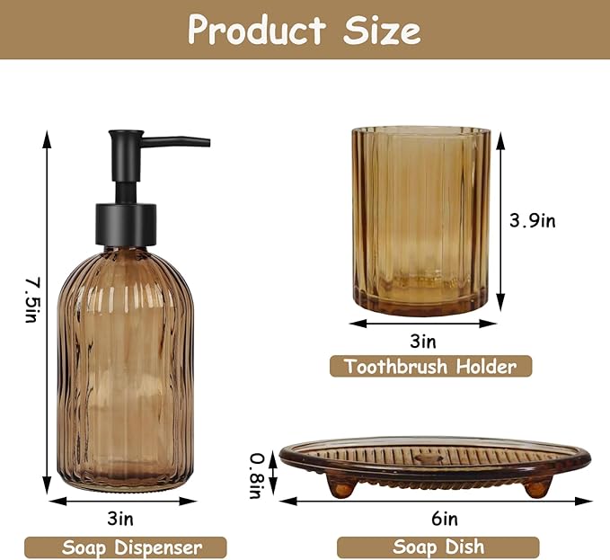 Glass Bathroom Accessories Set, 4Pcs Soap Dispenser Set Includes Soap Dispenser, Toothbrush Holder, Mouthwash Cup, Soap Dish for Home Decor, Countertop Vanity Organize (Brown)