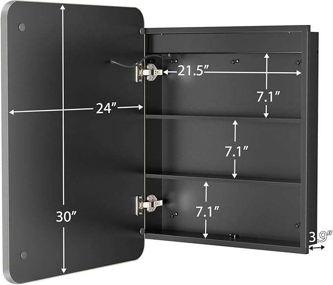 ROOMTEC Lighted Medicine Cabinet with Mirror 24"x30", Bathroom Mirror Cabinet with Lights and Storage, Single Doors Bathroom Wall Cabinet with LED Lights,Silver