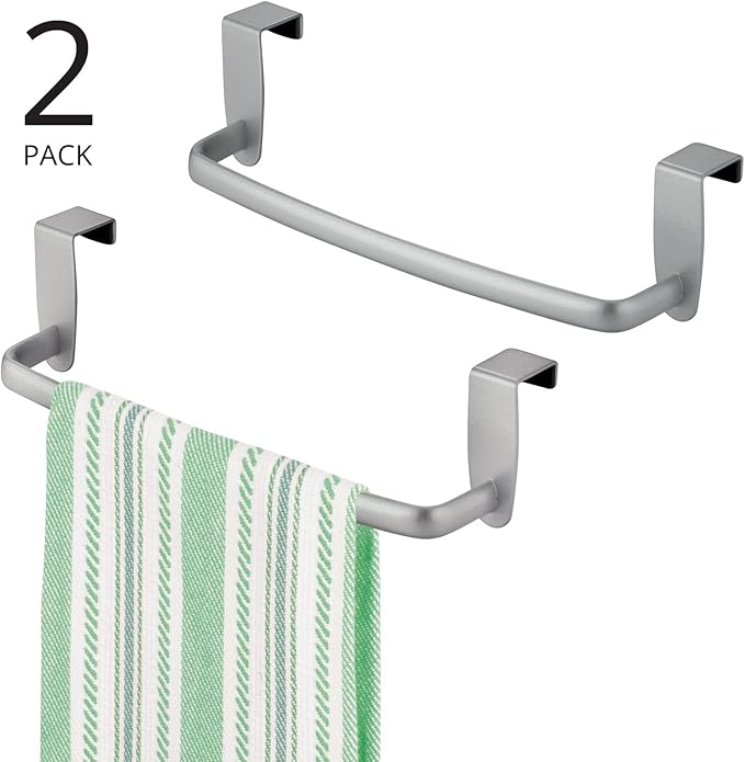 mDesign Steel Metal Wire Over Cabinet Towel Rack Storage Organizer - Hang on Cabinet or Door - Towel Bar Holder for Kitchen - Holds Hand Towels, Washcloths - Spira Collection, 2 Pack, Silver