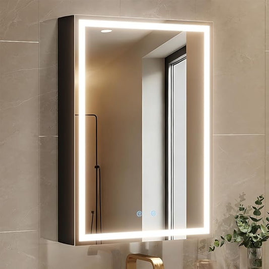Spliceable Modular LED Lighted Bathroom Medicine Cabinet Mirror with Anti-Fog Aluminum Frame, Adjustable Lighting, Built-in Sockets & USB Ports – Wall Mounted (Right Hinge, 28" L x 20" W)