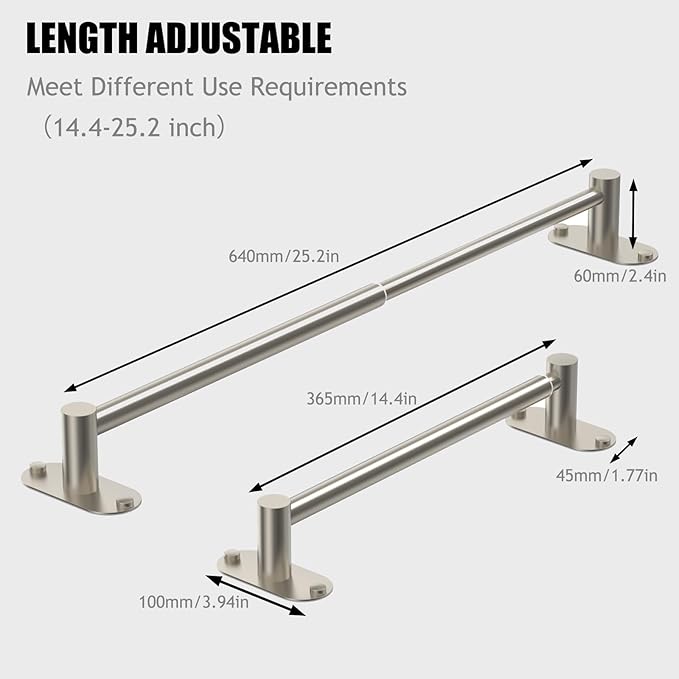 Towel Bar, Adjustable 14.4inch - 25.2inch Towel Rack, Self Adhesive & Wall Mounted for Bathroom Kitchen Hand Towel Holder Cloths Hanger SUS 304 Stainless Steel Single Bar (2, Brushed Nickel)