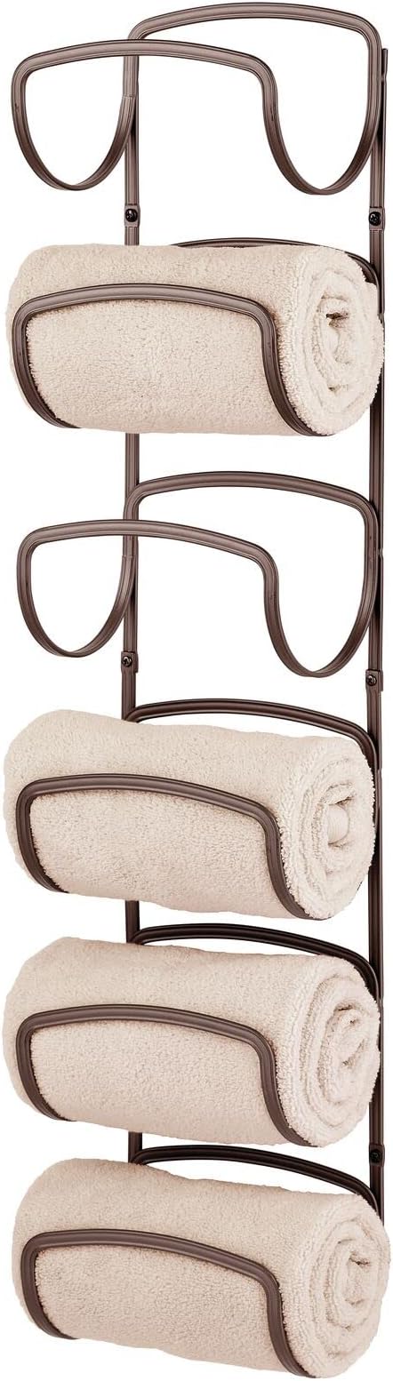 mDesign Metal Towel Shelves – Towel Rack for The Bathroom with 6 Compartments – Practical Bathroom Accessories for Both Large and Small Towels – Bronze