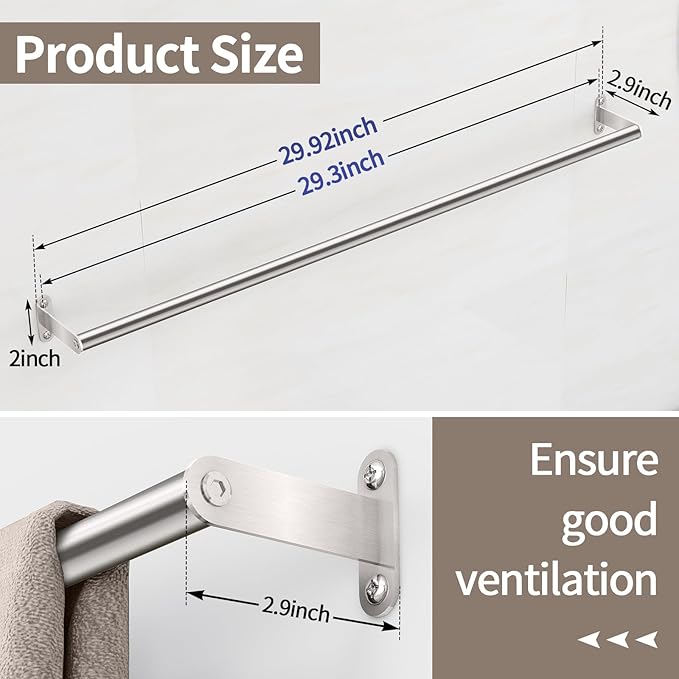 JUYSON 30 Inch Bathroom Towel Bar, Towel Racks for Bathroom Wall Mounted, Stainless Steel Heavy Duty Modern Single Towel Bar Holder Towel Rod Wall Mounted(Single Bar-Brushed Nickel, 30 in)