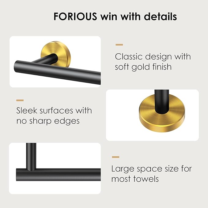 FORIOUS Black and Gold Towel Bar for Bathroom Wall, 24 Inch Stainless Steel Towel Racks for Bathroom, Includes Wall Mounting Hardware (Black and Gold,Total Length 26-Inch)
