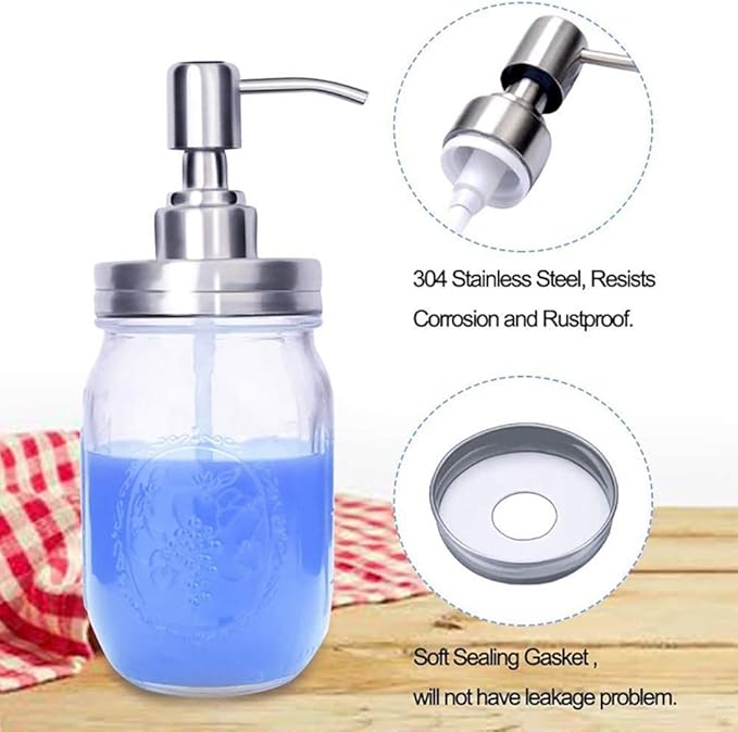4 Pack Mason Jar Soap Dispenser Lids with Pumps, Rustproof Stainless Steel, Lotion Soap Dispenser Lids Replacement for 16 oz Regular Mouth Mason Jar Decor, 4 Brushes Included Silver