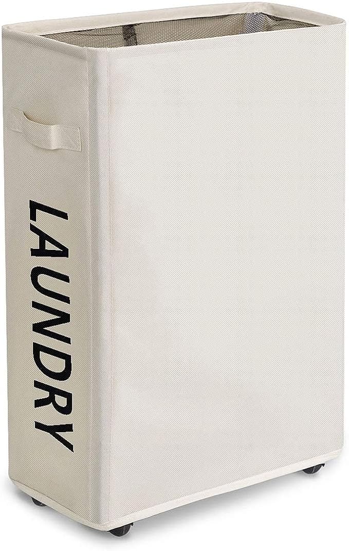 ZERO JET LAG 52L Large Slim Rolling On Wheels Laundry Hamper Tall Dirty Clothes Storage Basket Standable Corner Handy Bin Hamper Basket 15×8×22" (22 Inches, Printed Beige)