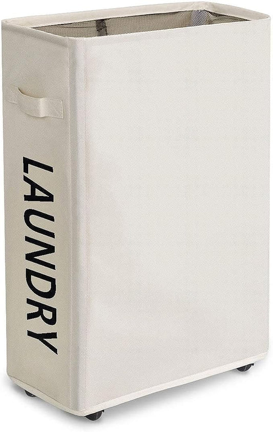ZERO JET LAG 52L Large Slim Rolling On Wheels Laundry Hamper Tall Dirty Clothes Storage Basket Standable Corner Handy Bin Hamper Basket 15×8×22" (22 Inches, Printed Beige)