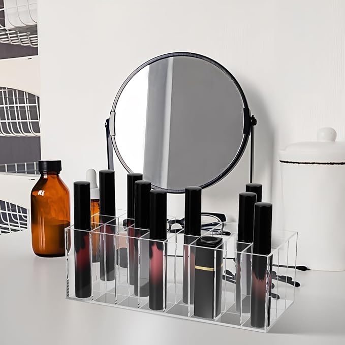 24-Slot Acrylic Lipstick Organizer - Transparent Makeup Storage Case for Lip Gloss Brushes and Cosmetics - Stylish Desktop Display Rack
