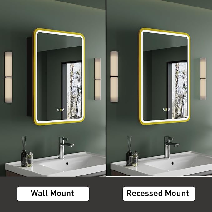 Medicine Cabinet with LED Lights and Mirror, 16W x 28H Inch Wall or Recessed Mounted Bathroom Cabinet with Right Hinge, Storage Shelf, Defogger, Memory Function, 3-Color Mode, Dimmer, Gold