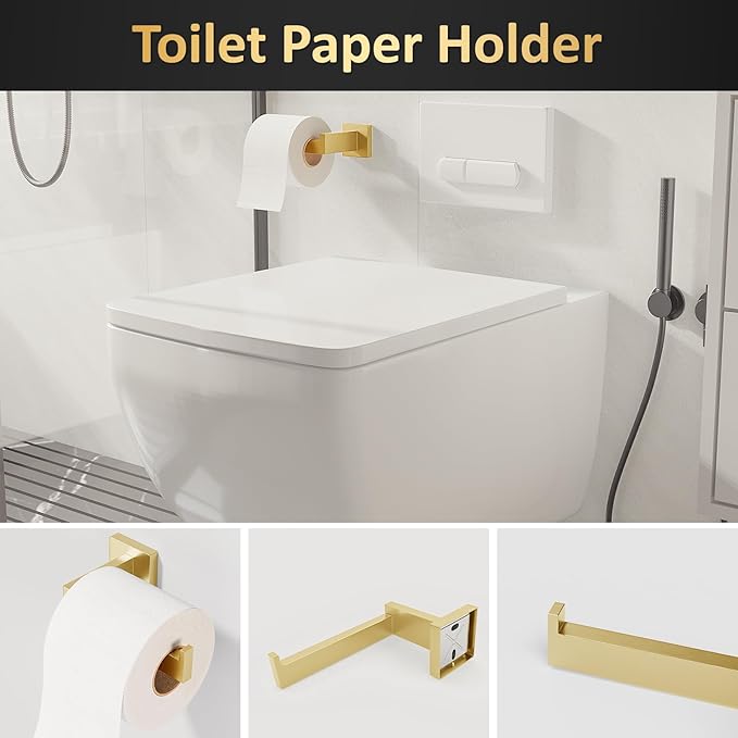 10-Pieces Bathroom Hardware Set,23.6inch Wall Mounted Double Towel Bar Set，Towel Rack&Toilet Paper Holder&Towel Ring and Towel Hook;Bathroom Accessories Set(Gold)