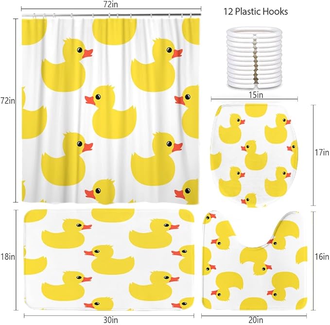 Ansouyi 4Pcs Bathroom Shower Curtain Sets with Non-Slip Rugs, Toilet Lid Cover and Bath Mat, Yellow Cartoon Duck on White Durable Waterproof Shower Curtain for Bathroom Set, 72x72 Inch