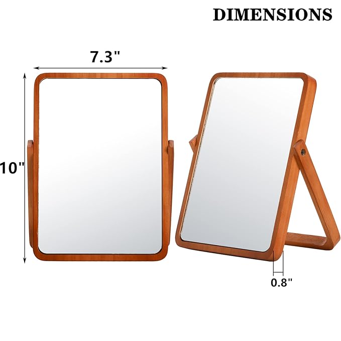 DEAYOU 2 Pack Vanity Mirror with Wood Stand, 360 Degree Rotation Makeup Mirror, 10" Rectangle Standing Swivel Cosmetic Mirror, Portable Wood Tabletop Mirror for Hanging, High-Definition, Pine