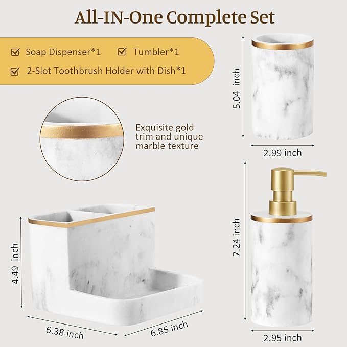 Shinowa Bathroom Accessories Set, Marble Look Toothbrush Holder and Soap Dispenser Set, Bathroom Countertop Décor Sets with Lotion Dispenser Soap Pump, Tumbler, Bathroom Organizer Accessories