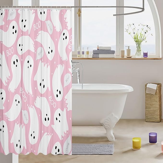 Feelyou Pink Halloween Bath Curtain 72"x78" Cartoon Pink Ghost Shower Curtain for Kids Kawaii Cute Bathroom Shower Curtain Set Polyester Kids Bathroom Accessories