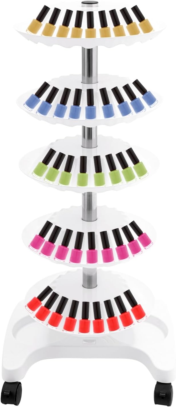 DYRABREST 5-Tier Nail Polish Trolley Organizer, 360° Rotating Nail Polish Display Stand with Wheels, Adjustable Shelves, White Modern Rolling Cart for Nail Salons and Home Use (white)