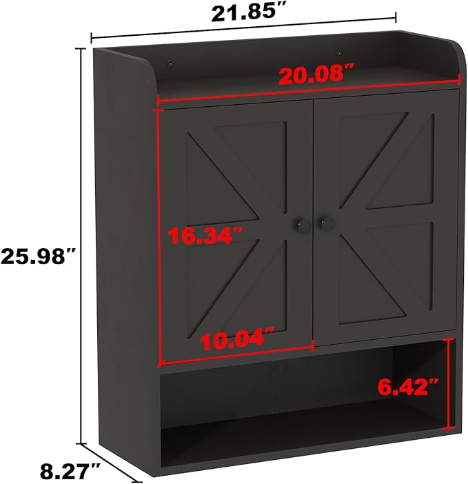 EasyCom 22" W x 26" H Bathroom Wall Cabinet, Farmhouse Medicine Cabinet with Adjustable Shelves and 2 Barn Doors, Over The Toilet Storage Cabinet for Bathroom, Kitchen, Living Room, Black