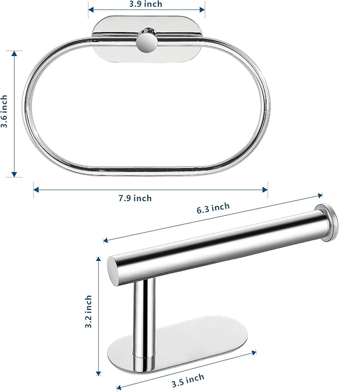 Toilet Paper Holder/Towel Ring Self Adhesive, Eolax No Drilling Chrome Bathroom Hardware Accessories, Stainless Steel Sticky Toilet Roll Hanger and Hand Towel Holder, 2 Pieces