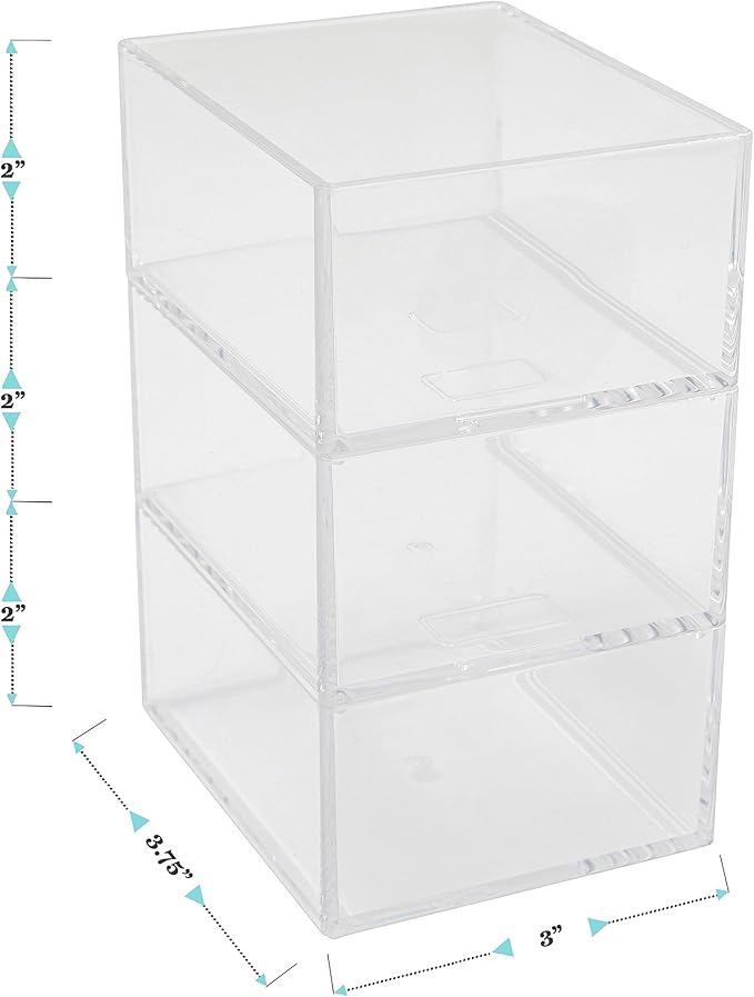 Martha Stewart Brody Desktop Storage Organizer, Stack and Slide Plastic Organizer Tray, Organizer for Office, Kitchen, or Vanity, 3" x 3.75", Clear