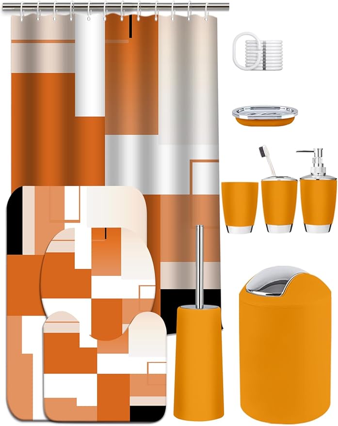 Lnond Orange Bathroom Set, 22-Piece Orange Abstract Bathroom Decor Set with with Shower Curtain and Rugs, Trash Can, Toilet Brush Holder Set & Soap Dispenser