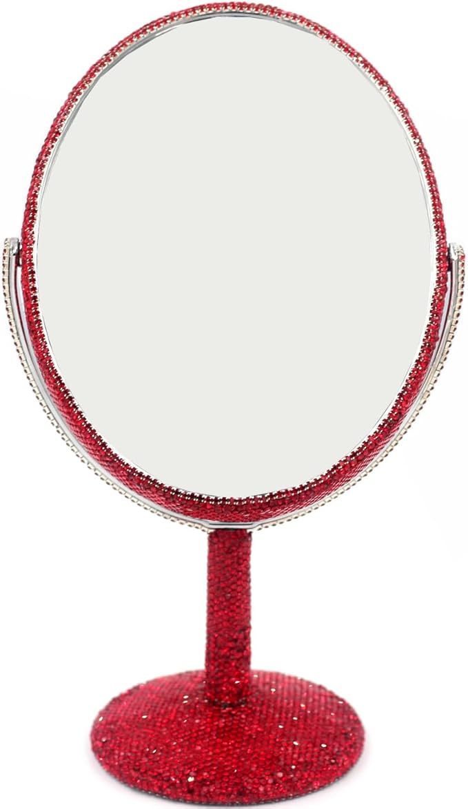 Bling Bling 6-Inch Double-Sided Tabletop Makeup Mirror, Oval Metal Makeup Mirror with 1:2 Magnifying Mirror, Rotating Mirror for Vanity (Red)