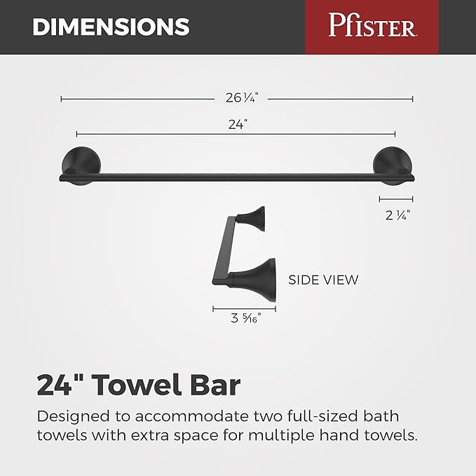 Pfister Vedra Bath Towel Bar for Bathroom, 24-Inch, Wall-Mounted, Screw-in, Matte Black Finish, BTBVED2B