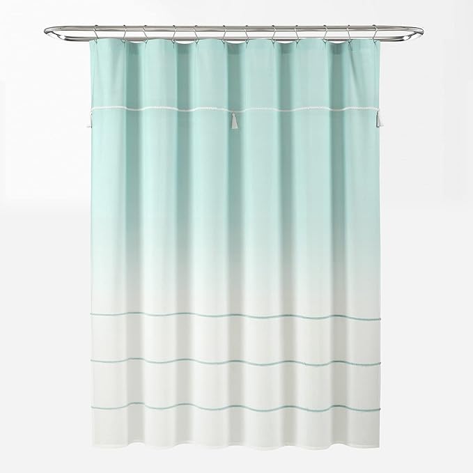 Lush Decor Ombre Embroidery Tassel Cotton Shower Curtain Single 72" W x 72" L Aqua - Blue Shower Curtains for Bathroom - Ombre Bathroom Curtain