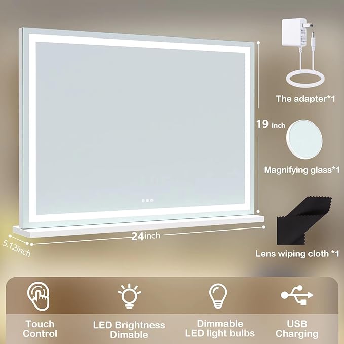 Gvnkvn Makeup Vanity Mirror with USB Charging Port 24" x 19" Large LED Makeup Mirror, Desk Mirorr with Lights, Light up Mirror with 10X Magnification and, Dimmable 3 Modes, Touch Control Gold