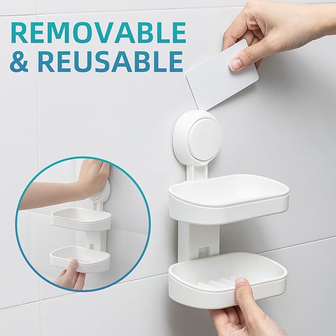 TAILI Soap Holder Soap Dish for Shower, Suction Cup Soap Holder for Shower Wall, Bathroom Accessories, Removable Strong Hold Soap Saver, Drill Free Double Soap Dish, White 2 Layer