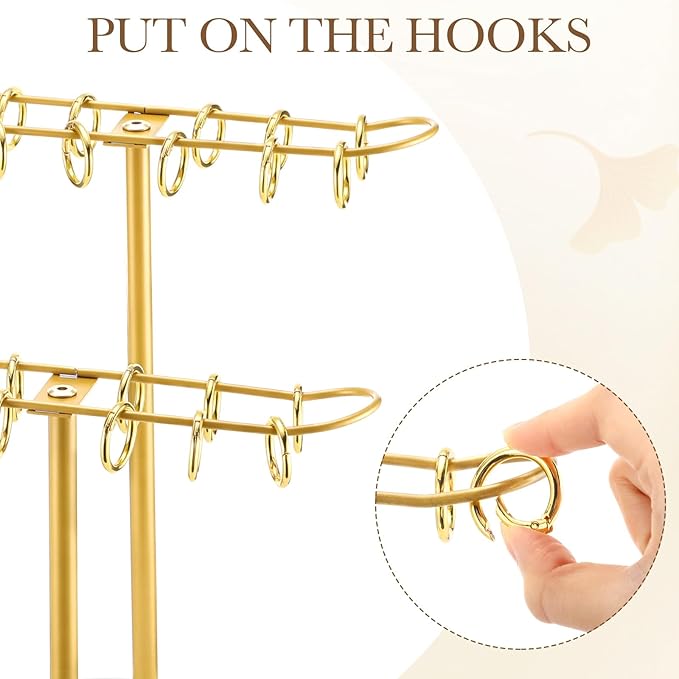 Lewtemi 2-tier Metal Claw Clip Organizer with 24 Golden Rings Hair Clip Holder Stand Claw Clips Storage Display Rack Hair Accessories Organizer Room Dressing Table Bathroom Decor for Women and Girls