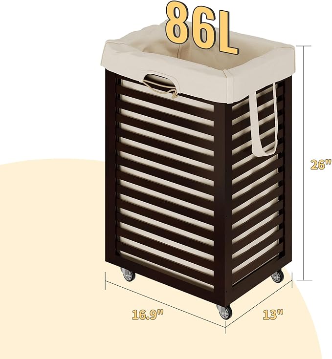 Laundry Hamper with Wheels,Rolling Laundry Basket with Removable Bag,Bamboo Clothes Hampers with Handles for Clothing, Bathroom, Bedroom, Laundry Room (Brown)