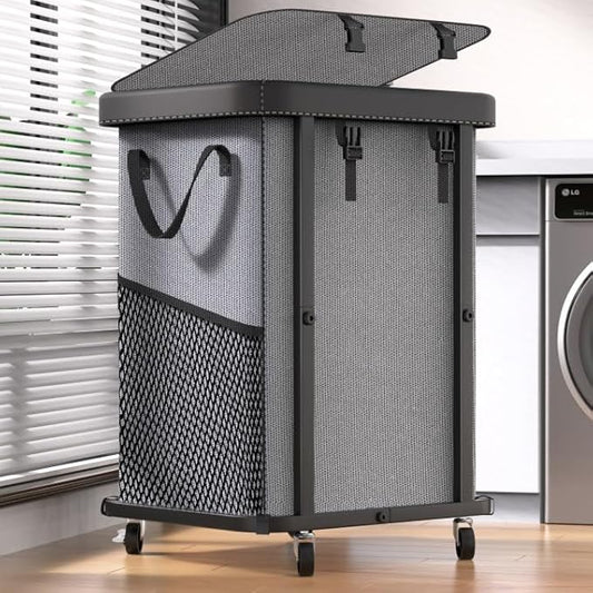 150L (40 Gal) Large Fashion Laundry Basket with Wheels, Leather Patchwork Rolling Hamper Carts, Sturdy Metal Frame, Removable Washable Bag, Tall Clothes Sorter for Bedroom, Laundry Room - Gary
