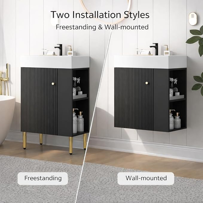 Virubi 21.6 in Small Bathroom Vanity with Sink,Doors and Storage Shelves,Wood Modern Single Fluted Bathroom Sink Cabinet Freestanding (Black,Right Shelf)