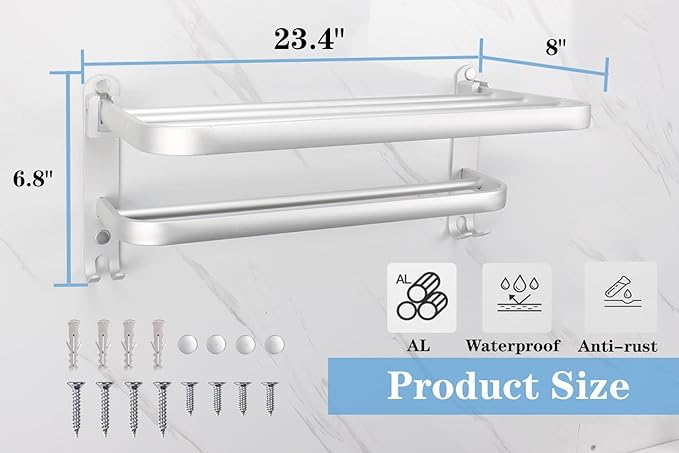 Towel Rack for Bathroom, Bath Towel Holder with Double Towel Bar and Fold-able Towel Shelf, Rustproof Towel Organizer Wall Mounted Towel Storage Hanger for Bath/Balcony/Lavatory(24In Sliver)
