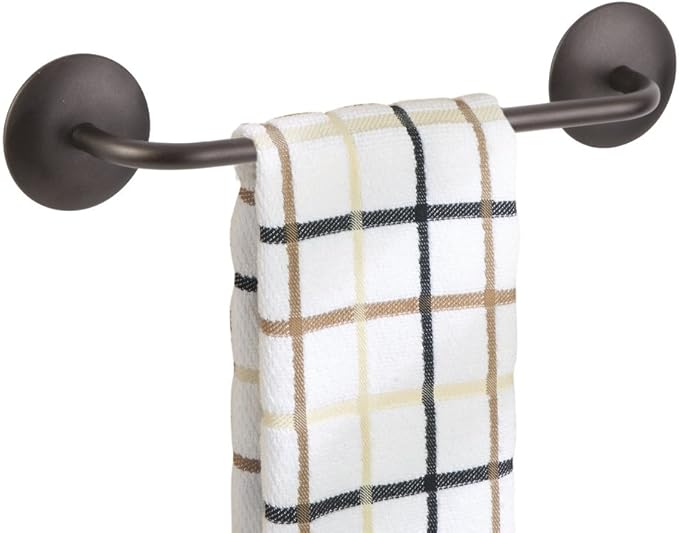 mDesign Decorative Metal Small Towel Bar - Strong Self Adhesive - Storage and Display Rack for Hand, Dish, and Tea Towels - Stick to Wall, Cabinet, Door, Mirror in Kitchen, Bathroom - Bronze