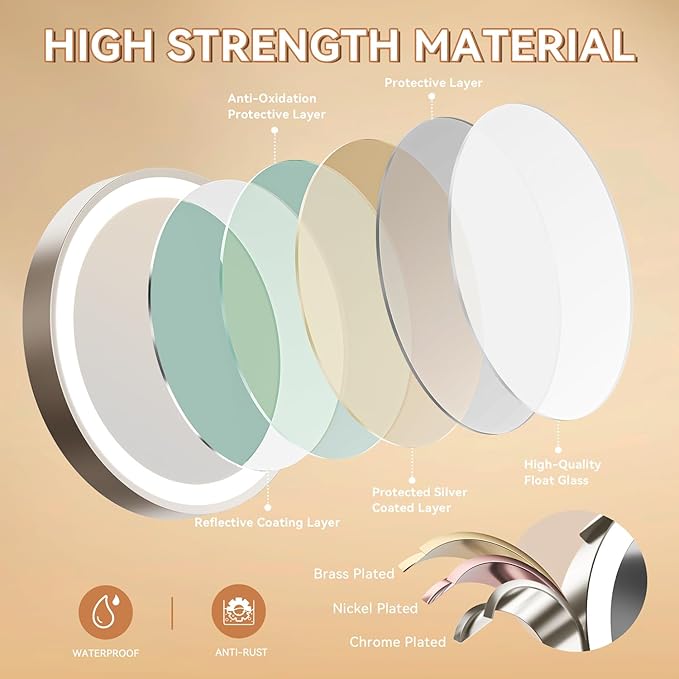 Auxmir 8'' Wall Mounted Lighted Makeup Mirror, 3200mAh Rechargeable Double-Sided 1X/20X Magnifying Mirror with Light, Touch Dimmable 3 Color Light, 360° Rotation Foldable Extended Arm, Nickel