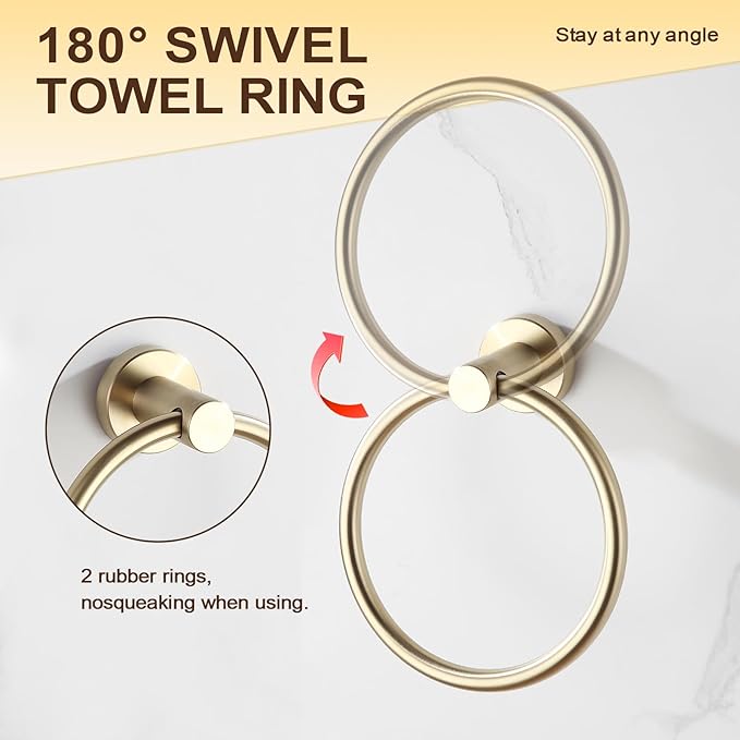 BGL 2-Pack Brushed Gold Towel Rings for Bathroom, 304 Stainless Steel Wall Mount Towel Holder Set, Rustproof Bath & Kitchen Accessories with Modern Matte Finish