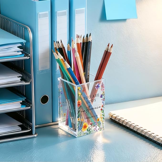 You Are God's Masterpiece Acrylic Pencil Holder Cup, Floral Christian Pen Holder for Desk, Christian Gifts for Women Girls, Bible Verses Makeup Brush Organizer for Home Office Desk Accessories