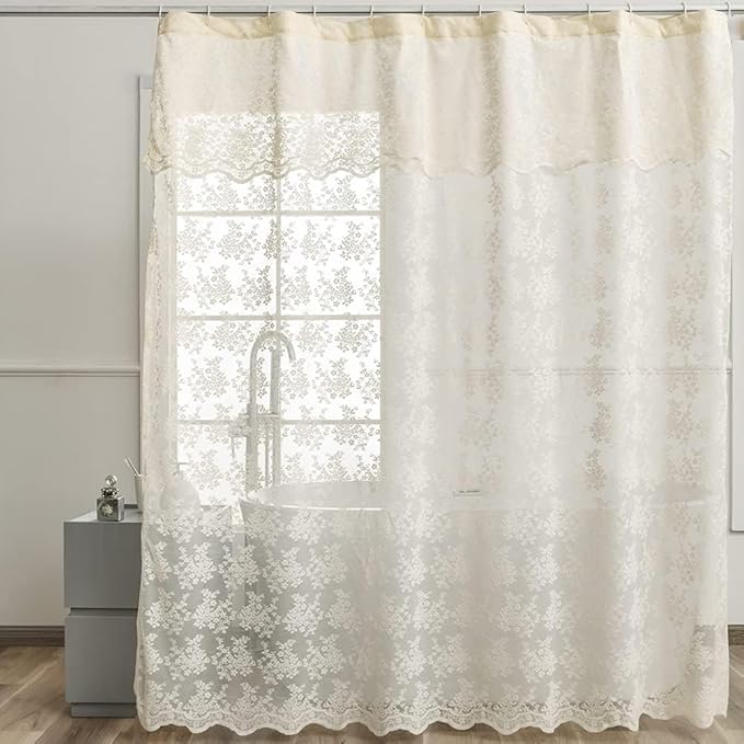 YJ YANJUN Extra Wide French Country Shower Curtain 102x84 Boho Chic Lace Cream Shower Curtain with Valance Vintage Farmhouse Boho Style Flower Print Bathroom Curtain Cream 102 inch Wide